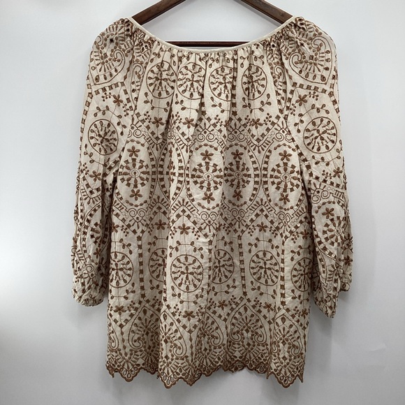 Ralph Lauren Women's Eyelet Cream and Brown Embroidered Blouse - Picture 3 of 16
